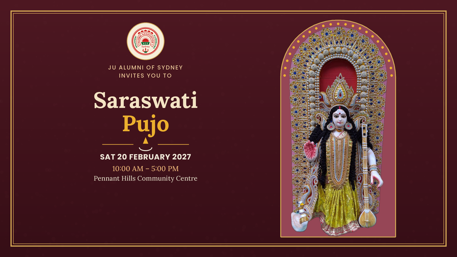 Saraswati Pujo 2027 saraswati arch maroon